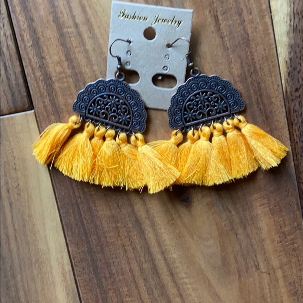 Bronze Earrings with mustard yellow Tassels